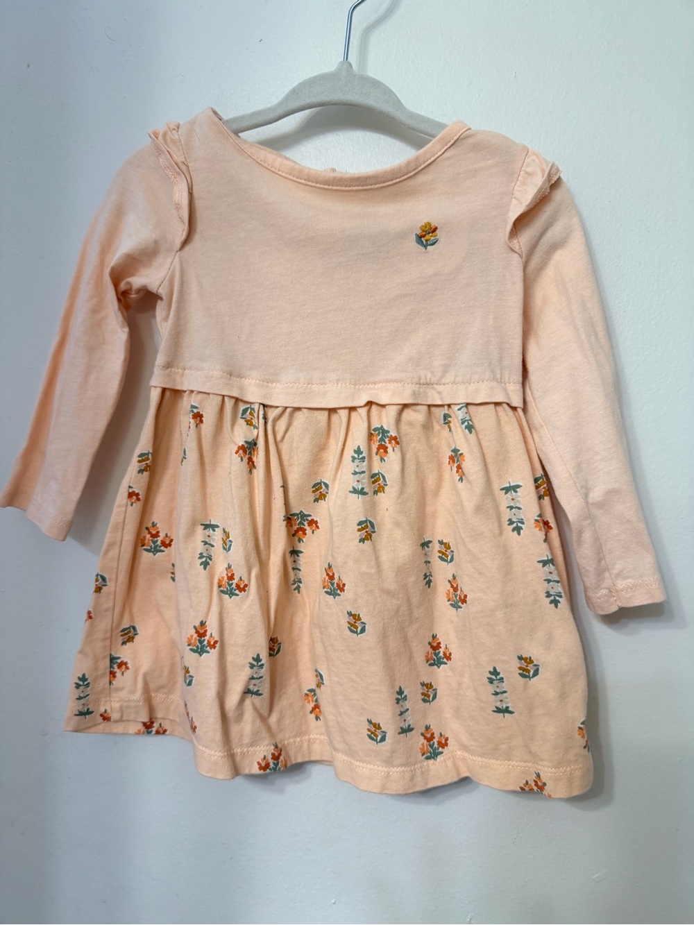 Carter's Peach Long-Sleeve Floral Knit Bodice Dress